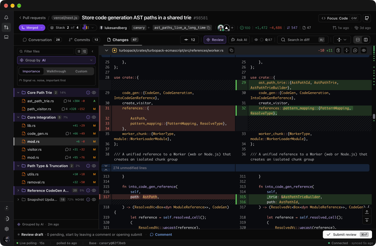The file rail of a 47-file Next.js pull request grouped by AI into labelled folders, with the three review-worthy groups expanded and the adapter and snapshot groups collapsed, beside the diff.