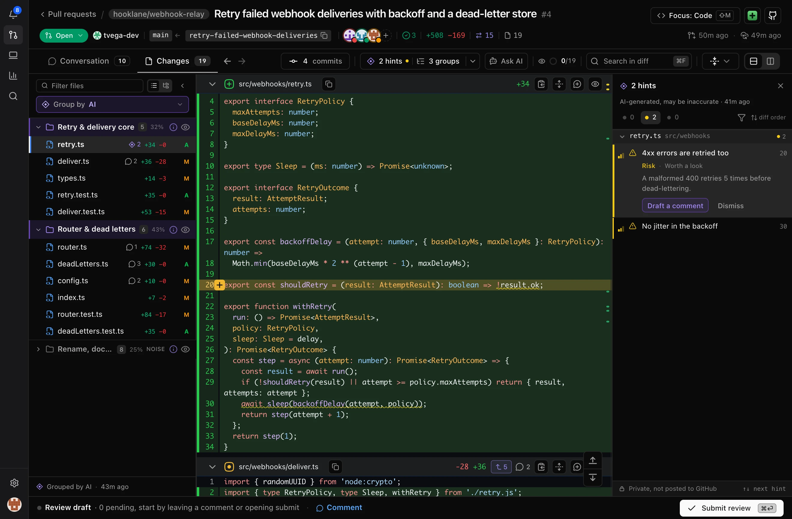 The Changes tab of a pull request with the AI hints rail open on the right: two hints on retry.ts, one expanded as a risk worth a look with Draft a comment and Dismiss, each anchored to its line. A footer notes the hints are private and not posted to GitHub.