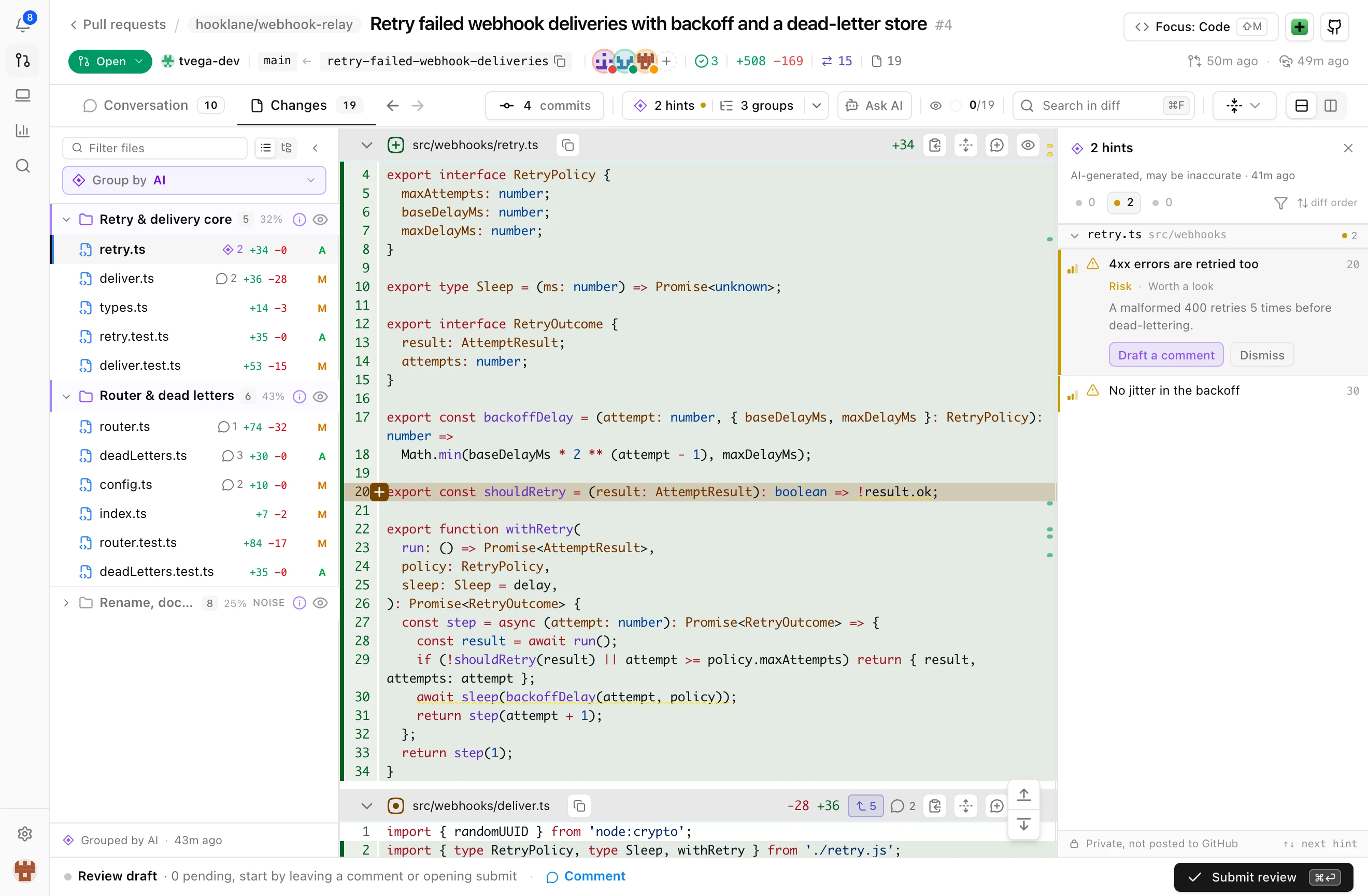 The Changes tab of a pull request with the AI hints rail open on the right: two hints on retry.ts, one expanded as a risk worth a look with Draft a comment and Dismiss, each anchored to its line. A footer notes the hints are private and not posted to GitHub.