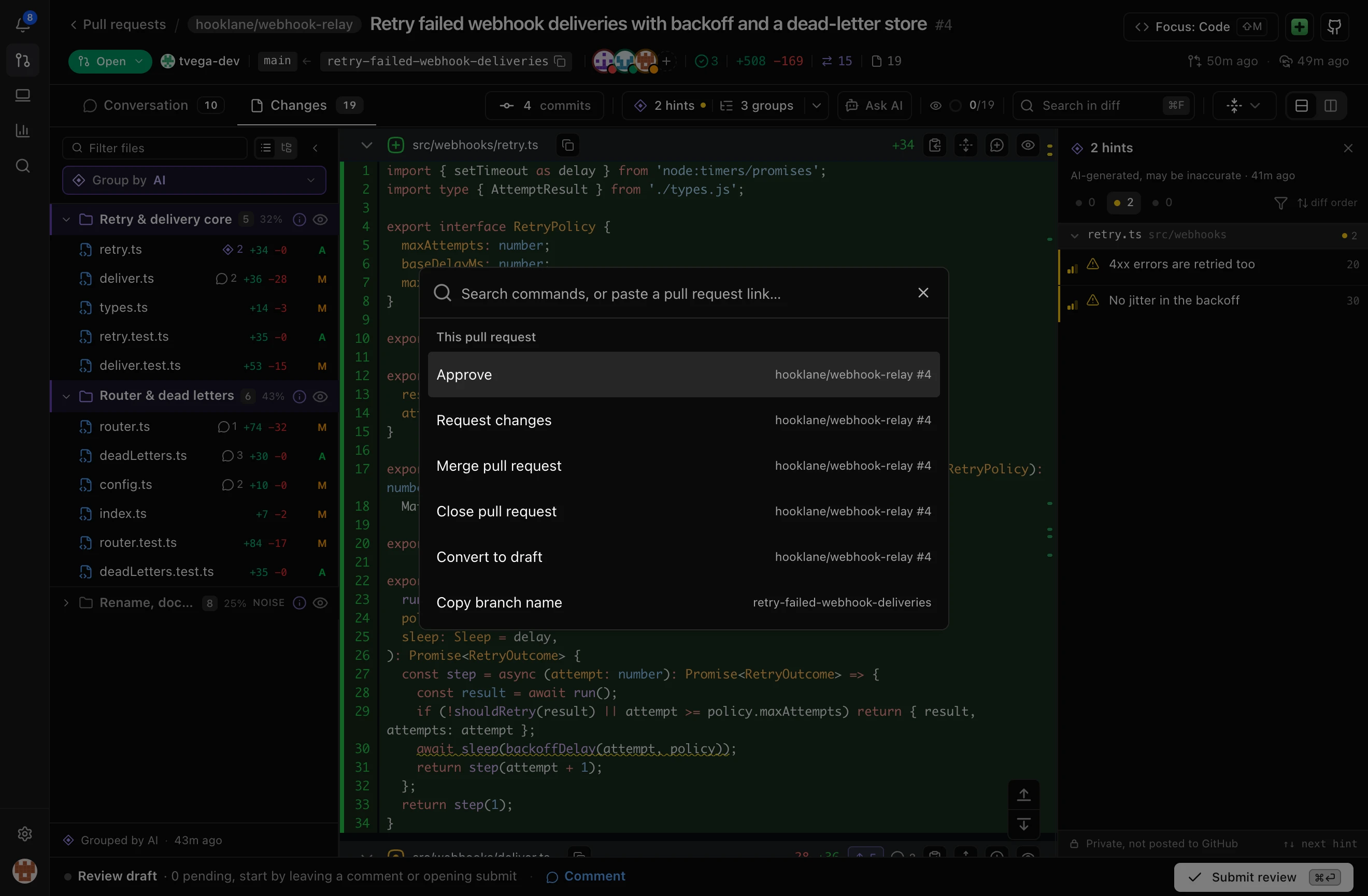 The command palette opened over a pull request diff, listing Approve, Request changes, Merge pull request, Close pull request and Convert to draft for the current pull request.