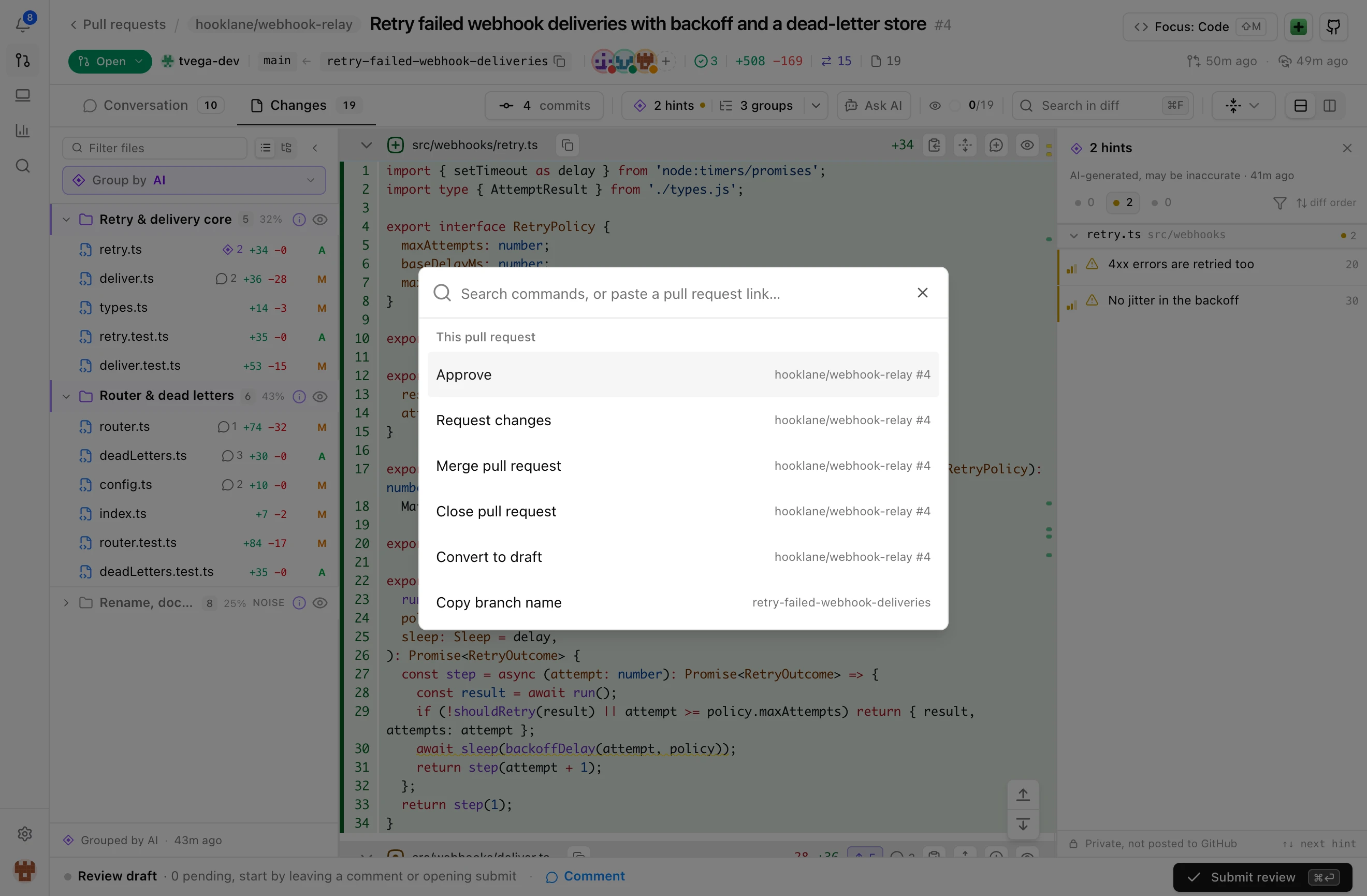 The command palette opened over a pull request diff, listing Approve, Request changes, Merge pull request, Close pull request and Convert to draft for the current pull request.