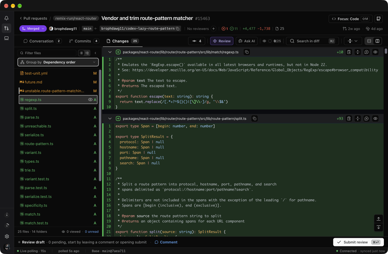 A file rail set to Dependency order, listing the files of a 25-file pull request with the leaf modules first and their consumers below, beside the diff of the first file in that order.