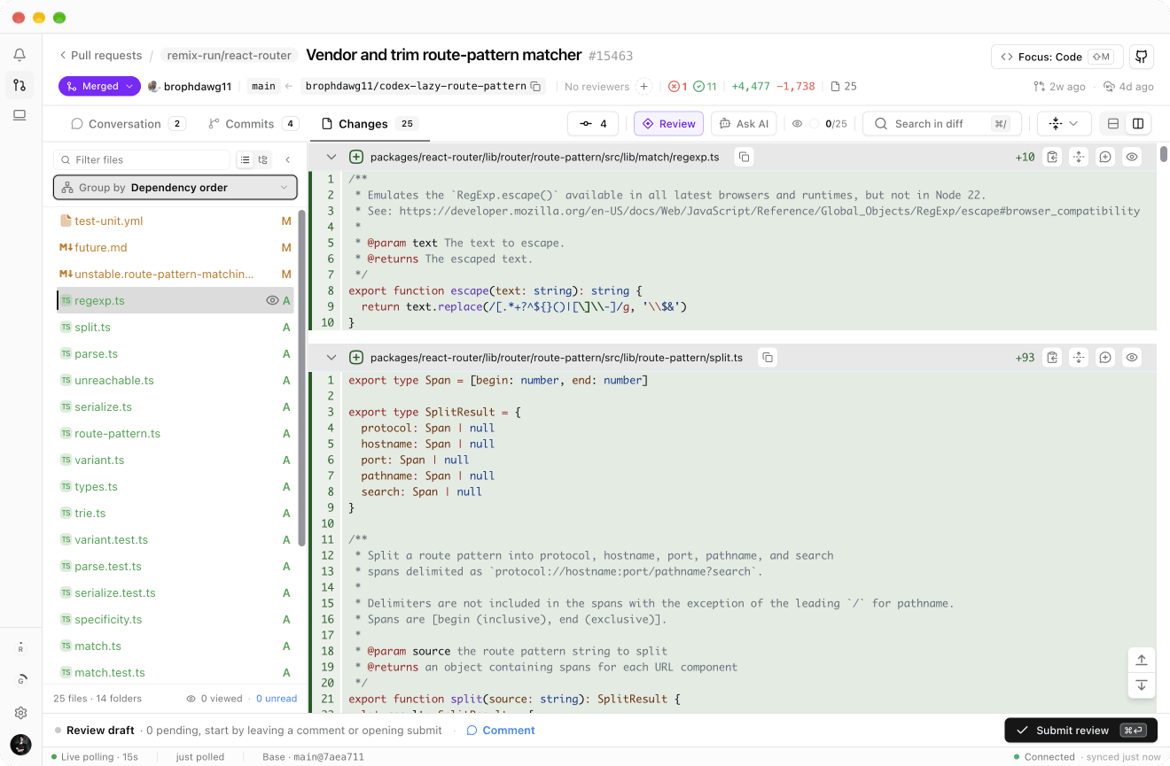 A file rail set to Dependency order, listing the files of a 25-file pull request with the leaf modules first and their consumers below, beside the diff of the first file in that order.