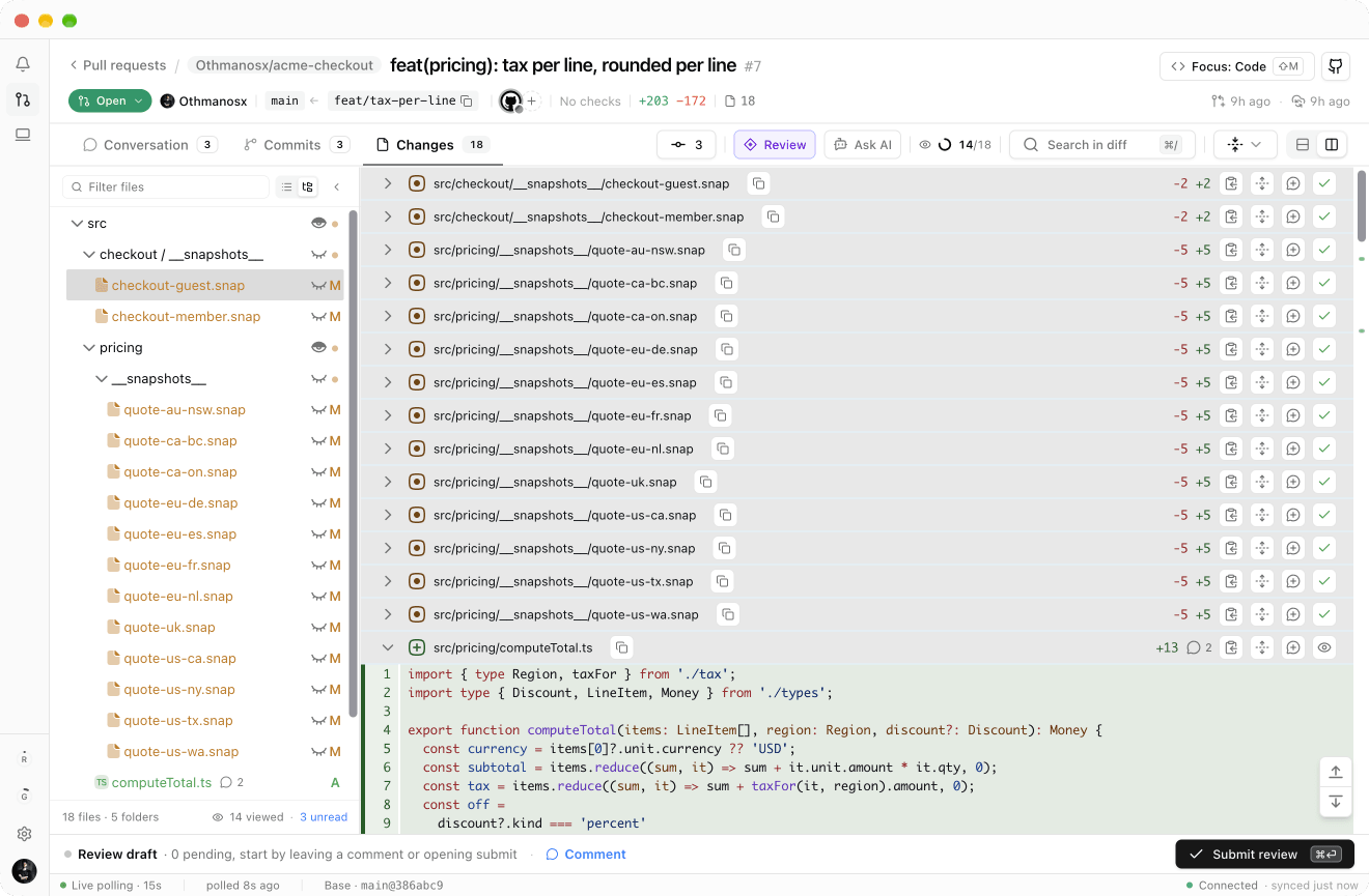 A file tree where two snapshot folders have been marked viewed with one click each, their rows dimmed, and the progress counter reads 14 of 18 files viewed.