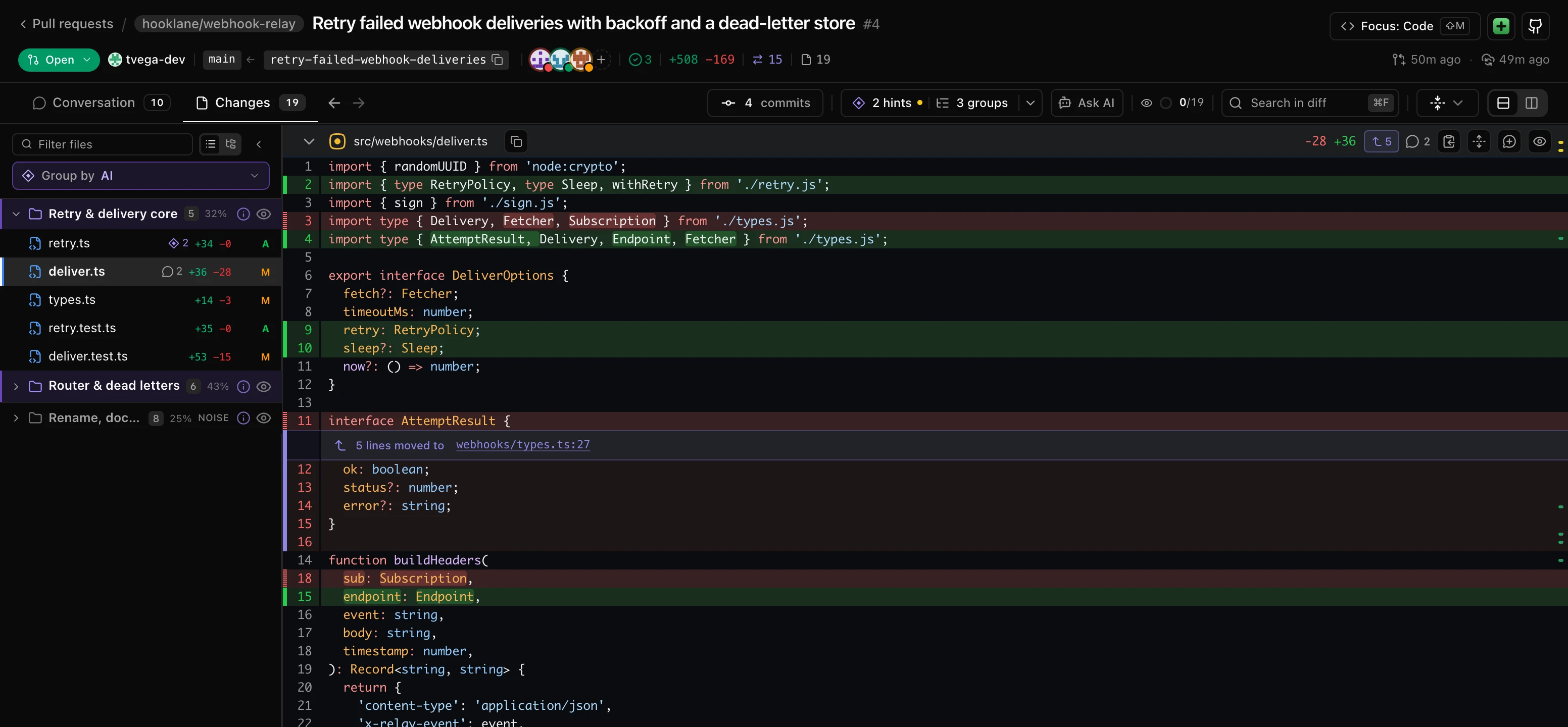 Pyor reviewing a pull request: the files sorted into two AI groups that need a human first, and the rename, docs and version folder folded at the bottom and marked as noise