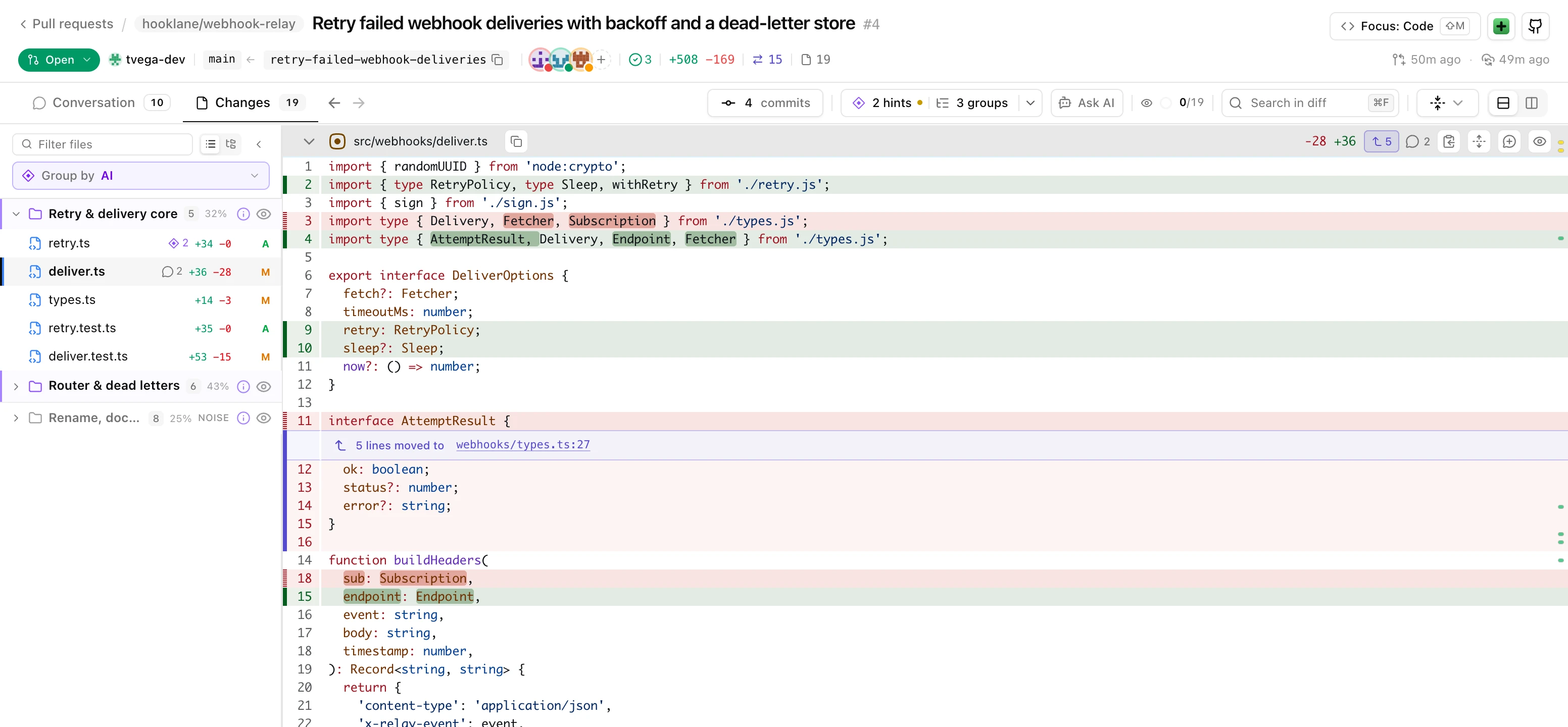 Pyor reviewing a pull request: the files sorted into two AI groups that need a human first, and the rename, docs and version folder folded at the bottom and marked as noise