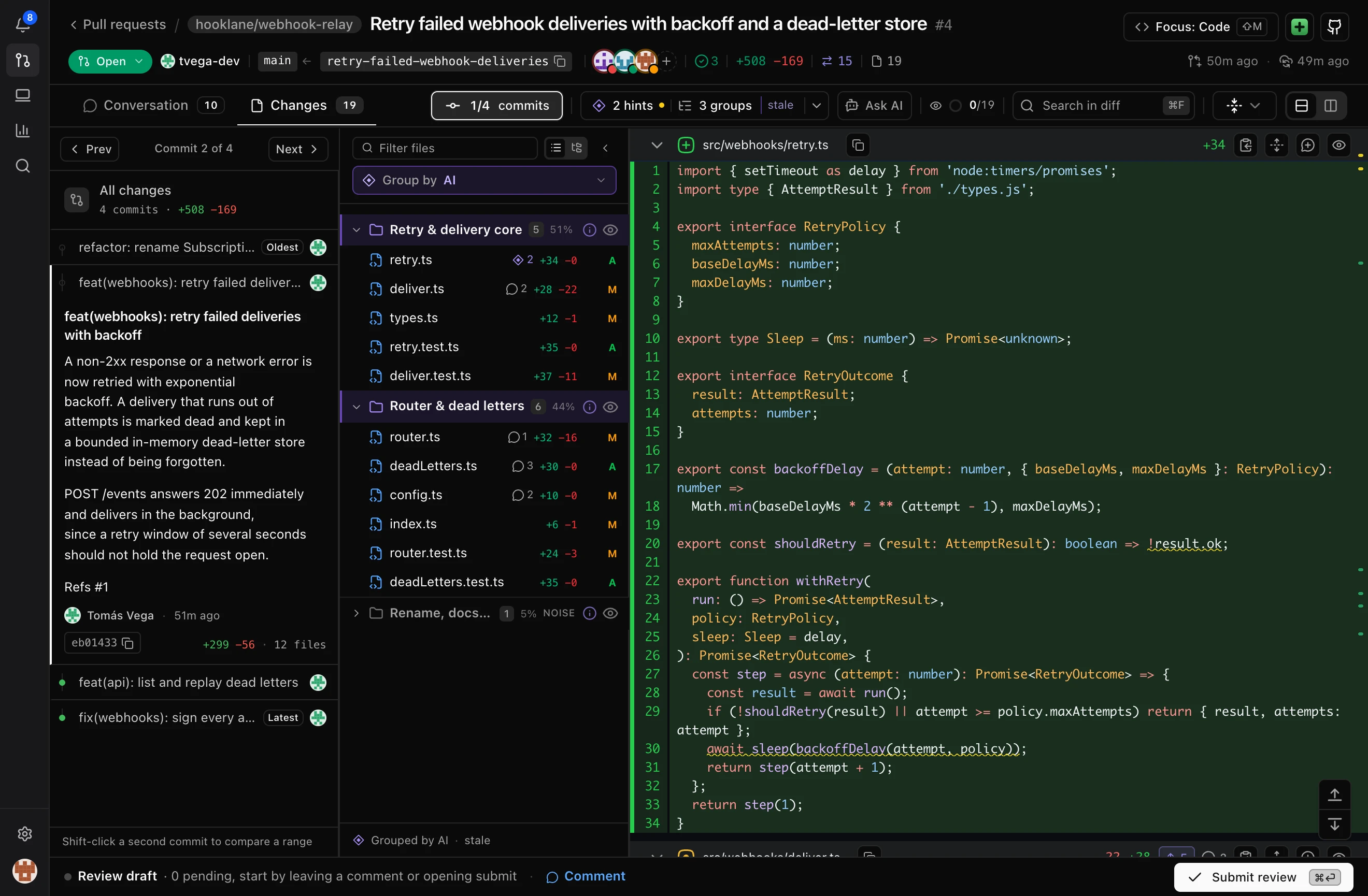 A commit rail on the left with four commits, the second one selected with its message, and the diff scoped to only that commit: twelve files instead of the pull request's nineteen.