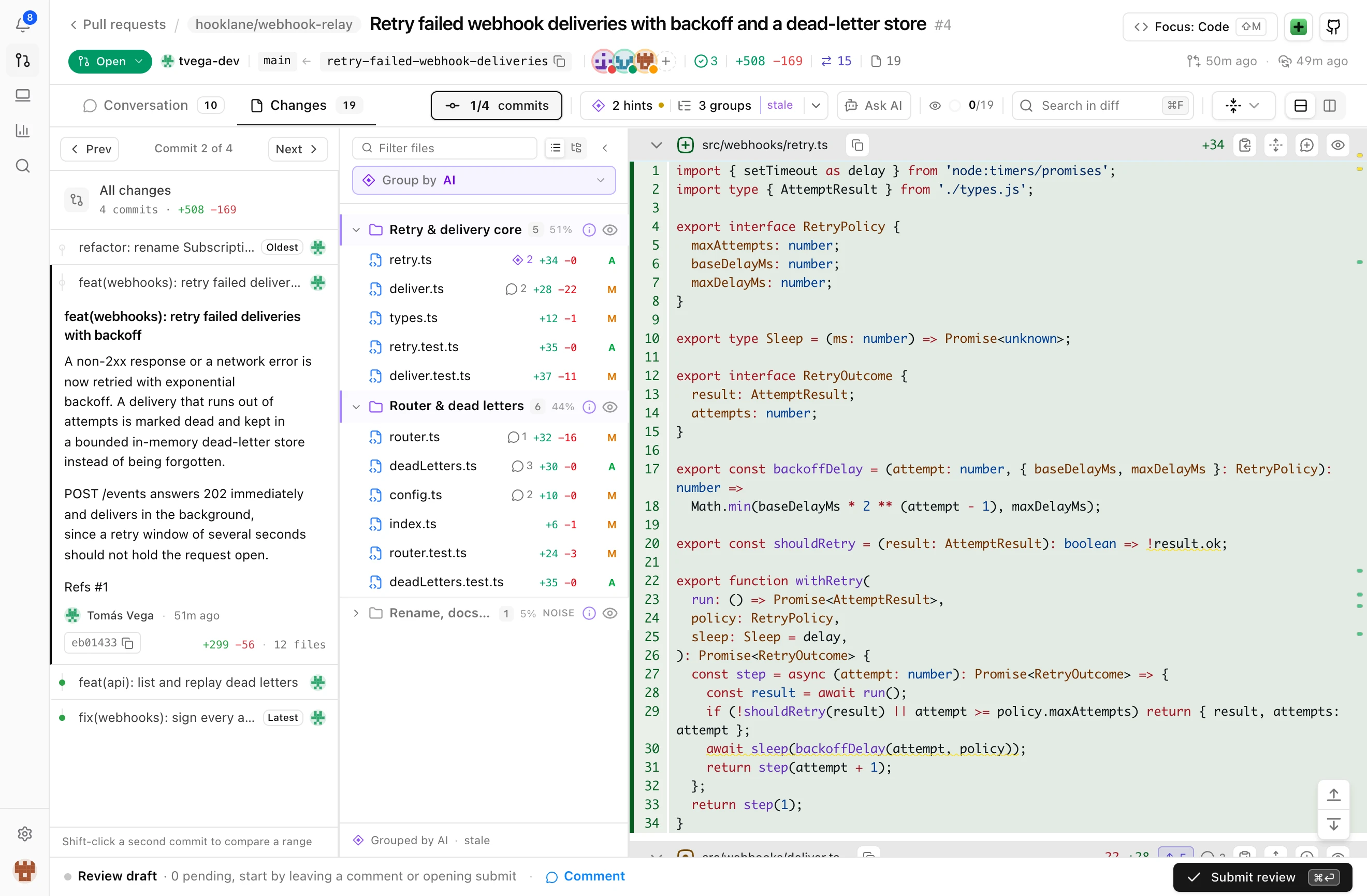 A commit rail on the left with four commits, the second one selected with its message, and the diff scoped to only that commit: twelve files instead of the pull request's nineteen.